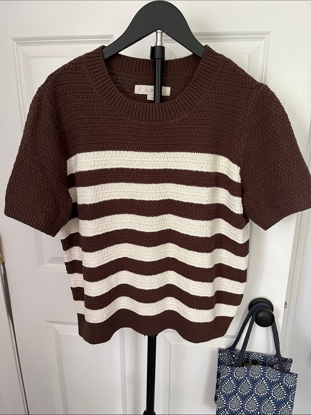 LOFT Chocolate Brown & Cream Striped Short-Sleeve Knit Top